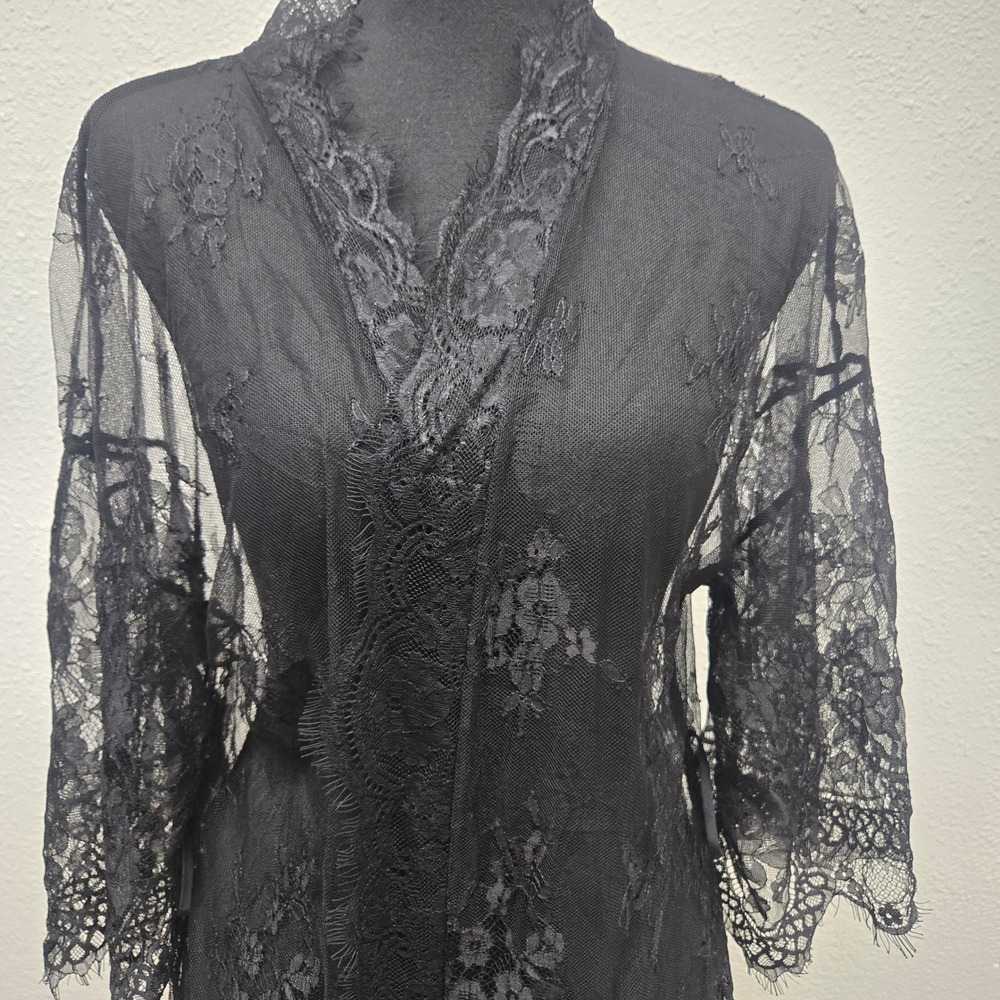 Avidlove Black Floral Lace Robe Sheer Eyelash Trim Kimono Sleeve Medium